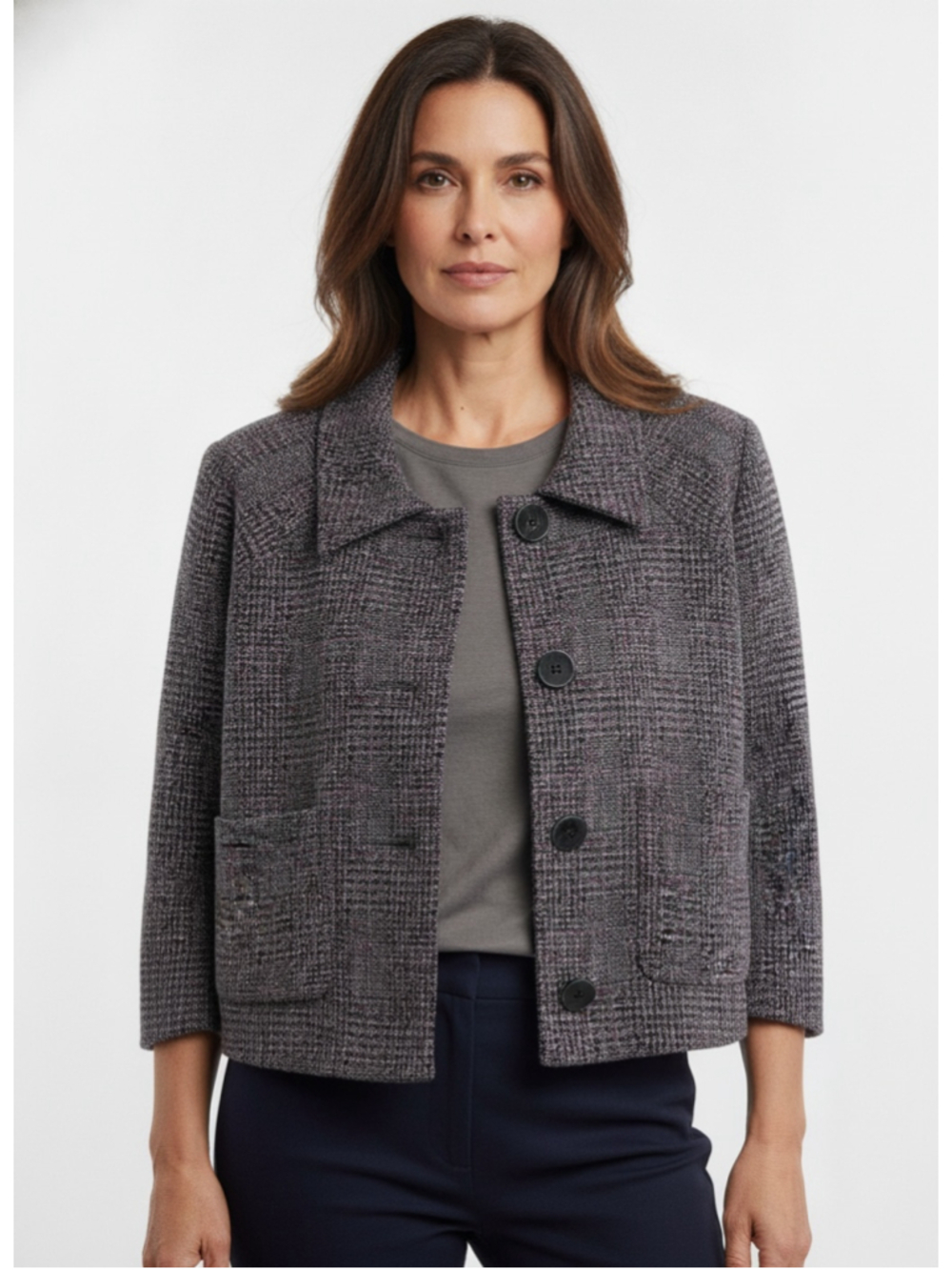 Joseph Ribkoff Made in Canada Soft Plaid Textured Jacket Pink Charcoal Sz 12